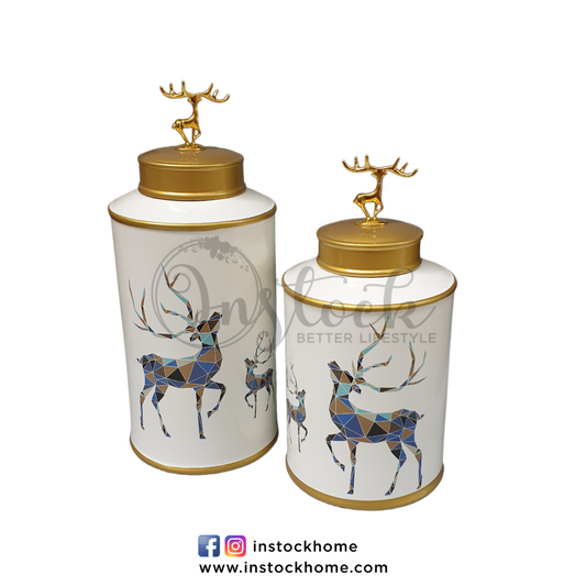 Deer Urns White With Golden Lid- Available In 2 Sizes