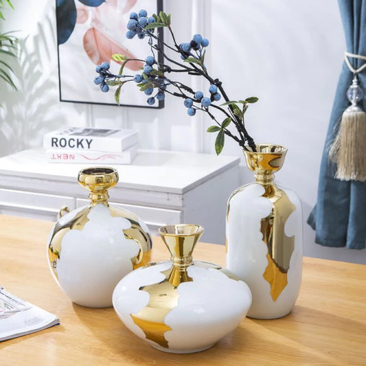 Set Of 3 Ceramic Vase - White & Golden