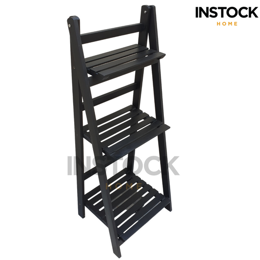 Multifunctional 3 Tier Folding Ladder Wooden - Black