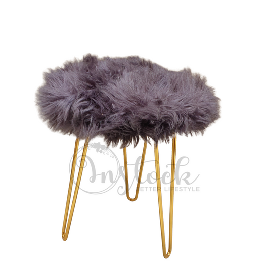 Faux Fur Stool with Golden Legs - Grey