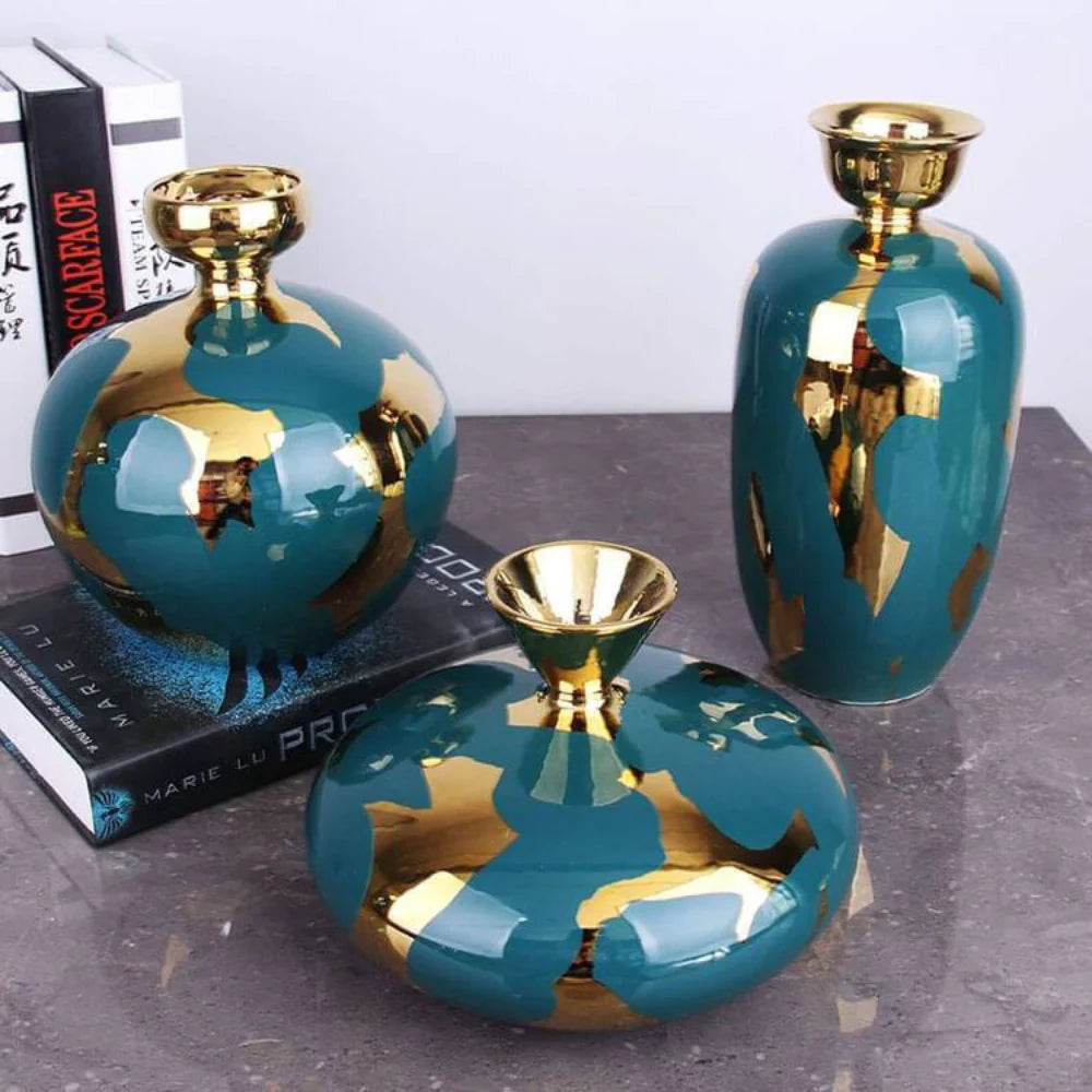 Set Of 3 Ceramic Vase - Green & Golden