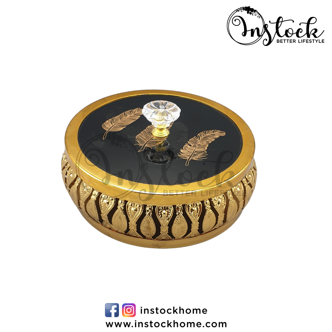 Golden Metal Candy With Black Glass Leaf Lid - Available In 2 Sizes