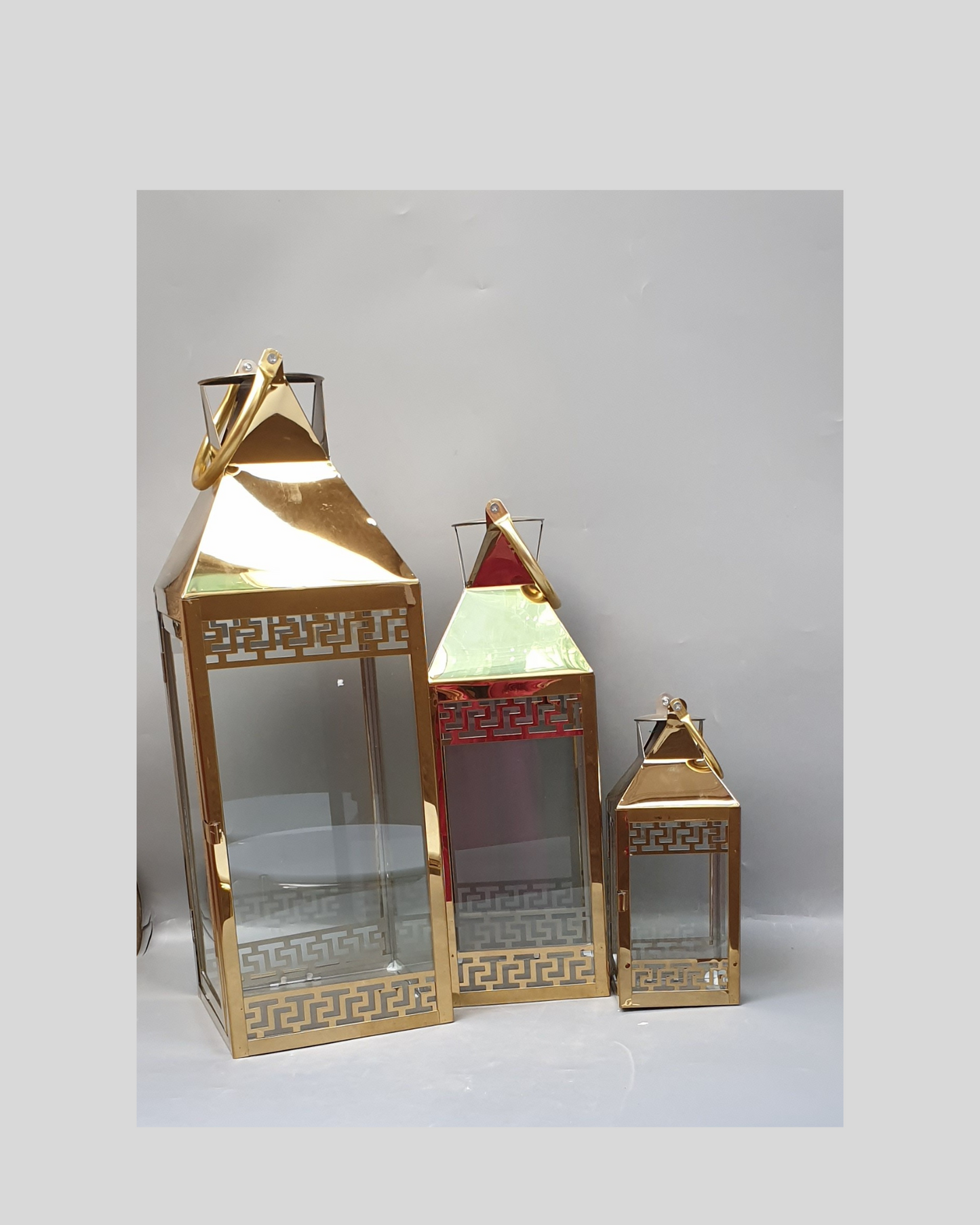 Set of 3 Rectangular Glass Lanterns - Golden