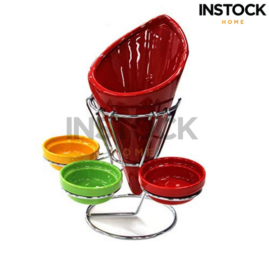 Fries Holder With 3 Dip Dishes and Metal Rack