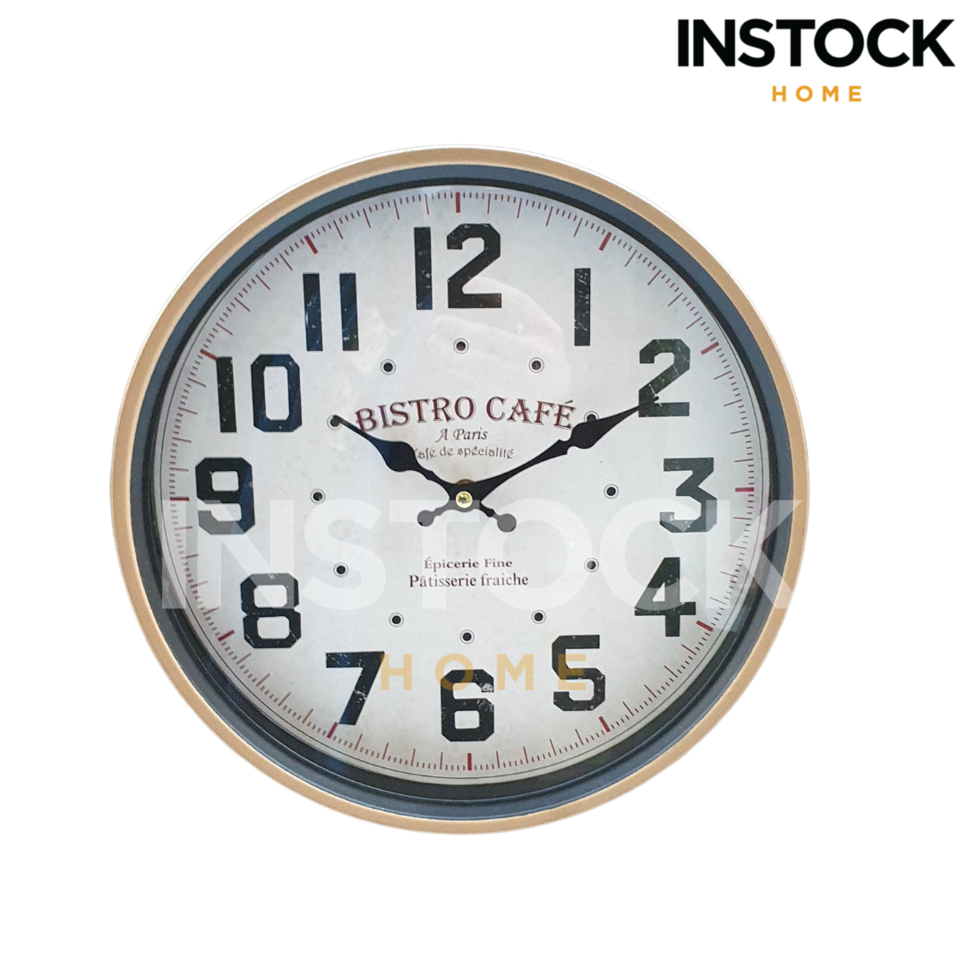 Wall Clock Black & White With Golden Border - Metal