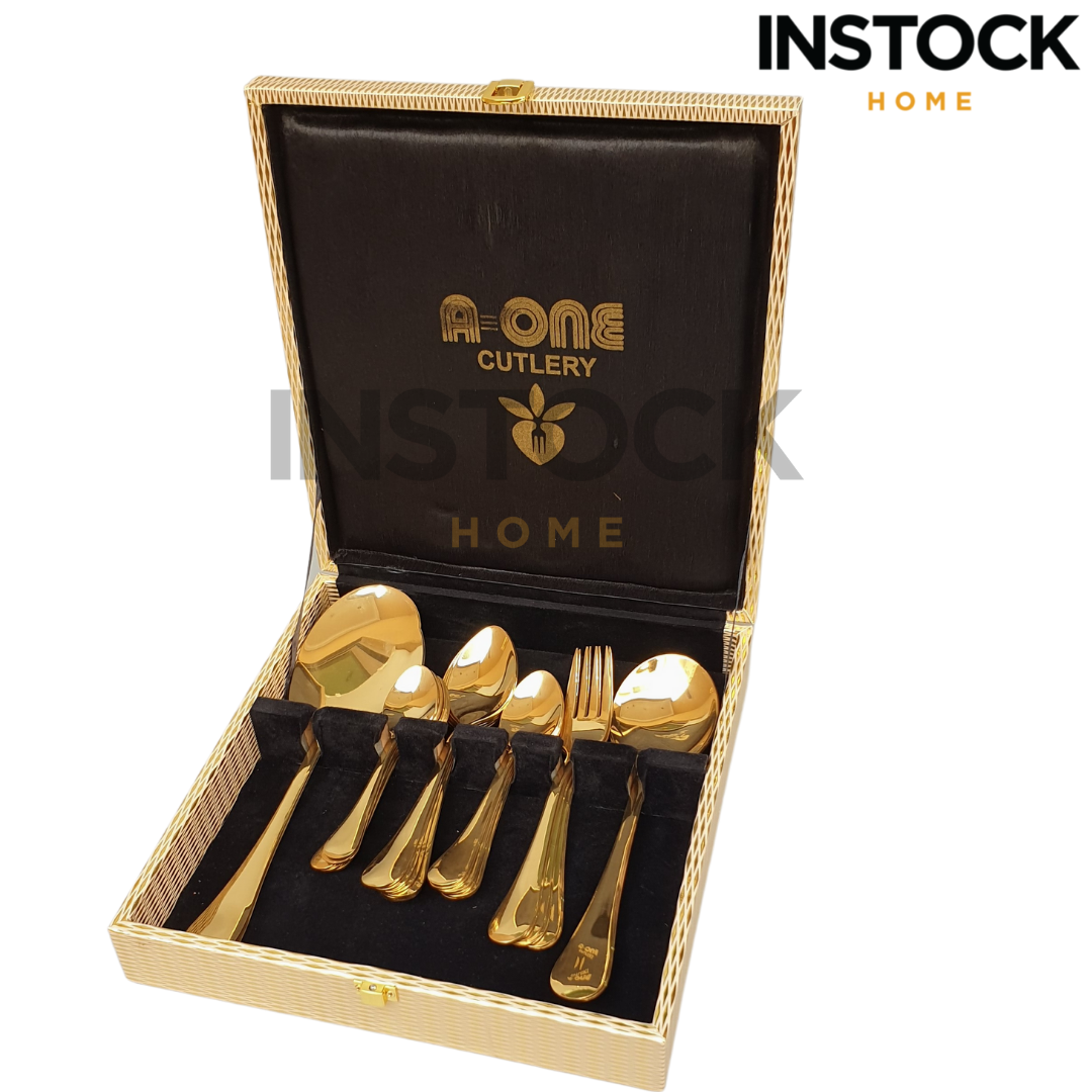28 Pcs Gold Plated Stainless Steel Cutlery Set With Box