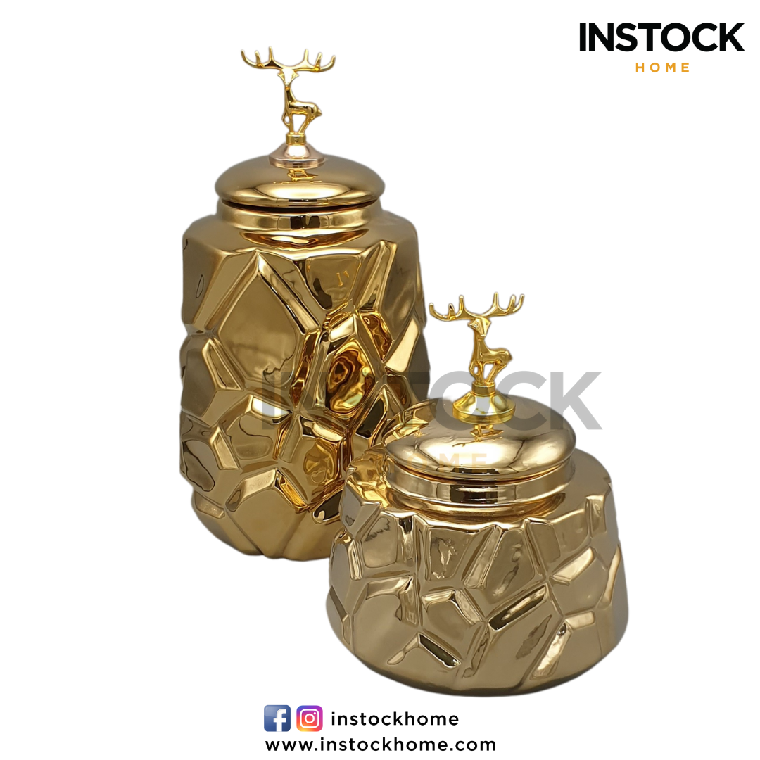 Geometric Golden Urn With Deer Lid - Available In 2 Size