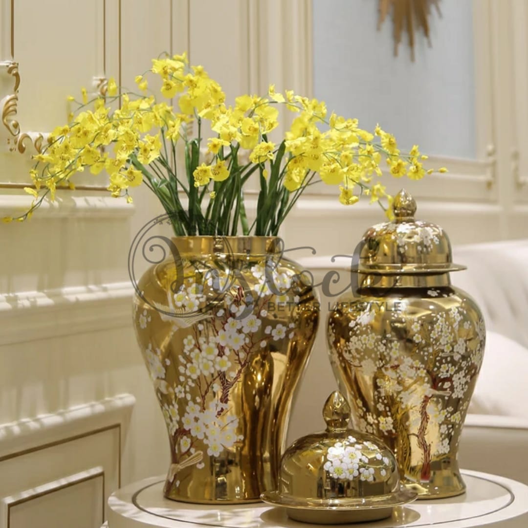 Decorative Urn Printed Floral Pattern- Metallic Golden