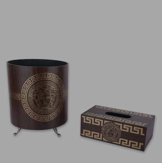 Brown & Golden Round Bin & Storage Basket With Tissue Box