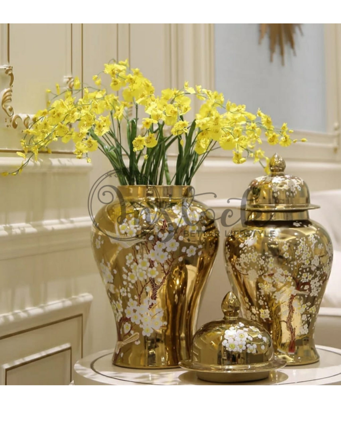 Decorative Urn Printed Floral Pattern- Metallic Golden