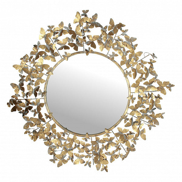 Antiqued Metal Butterflies Round Wall Mirror